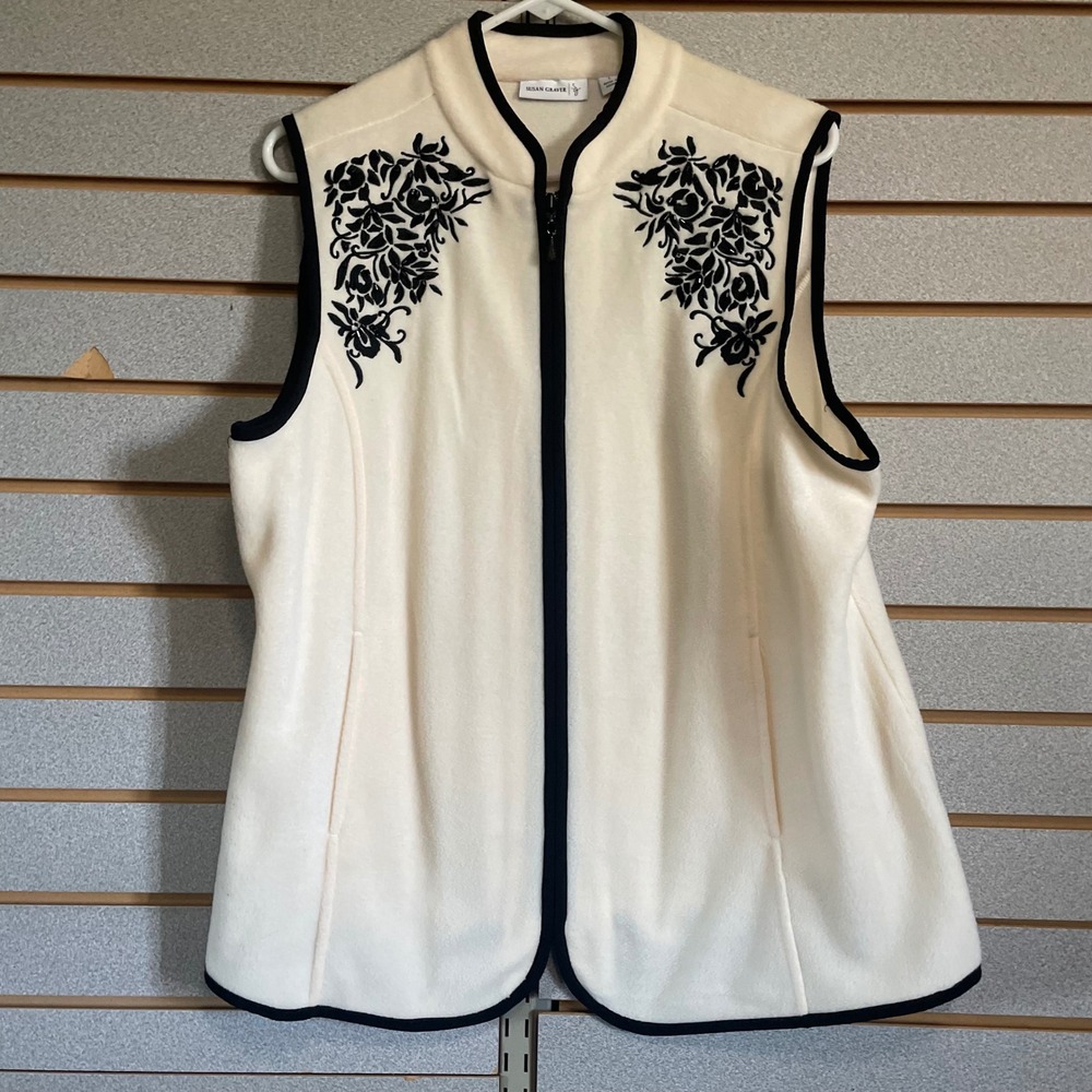 Susan Graver Fleece Vest Ivory‎ Black Floral Embroidered Sleeveless Womens L